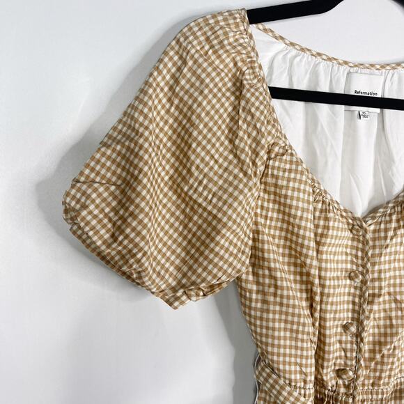 Reformation XS Tan Natural Roland Dress Anzo Check Gingham Midi Button Front - Picture 7 of 14